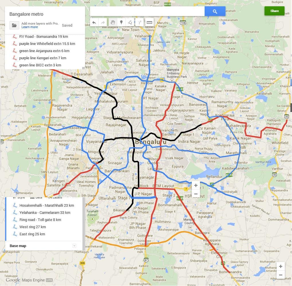 Namma เมโทรขั้น 3 เส้นทางบนแผนที่
